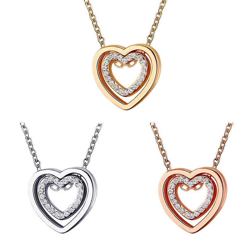 Japanese and Korean Style Simple Double Love Necklace Fashion All-match Full Diamond Hollow Crystal Double Heart Pendant Clavicle Chain Trendy Jewelry