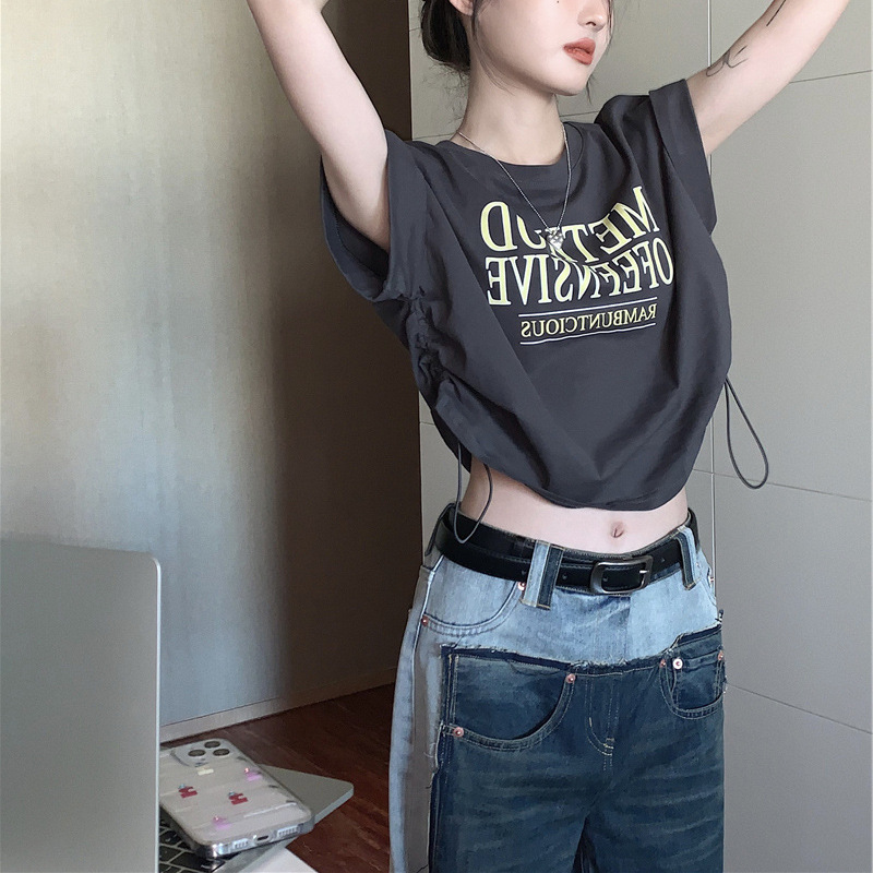 Design Sense Short-sleeved T-shirt Women's Summer Irregular Niche New Korean Style Chic Drawstring Loose Short Top ins