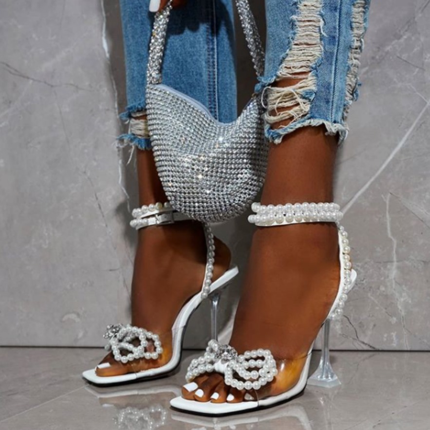 2022 European and American foreign trade new large size women's shoes square head transparent wine glass with Pearl rhinestone bow high heel sandals