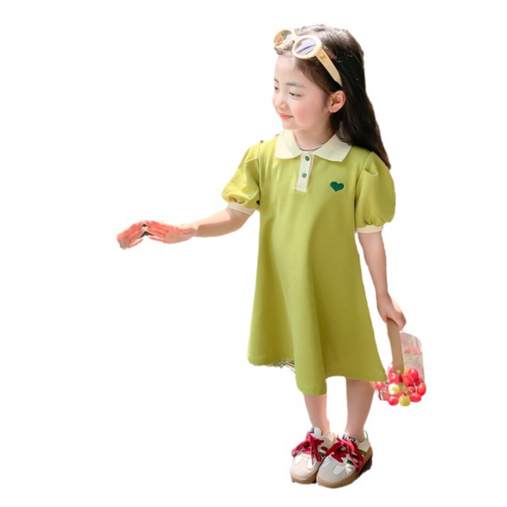 Girl's Summer Dress Princess Dress Foreign Style POLO Collar Skirt Children's Puff Sleeve Dress Thin Princess Dress