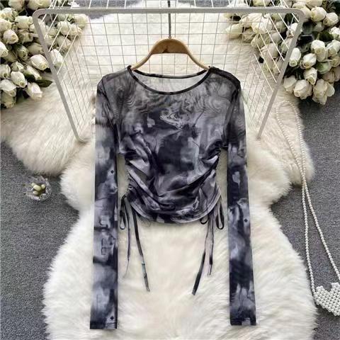 Summer new style Chinese style ink painting printed long-sleeved T-shirt round neck drawstring waist short mesh elastic top