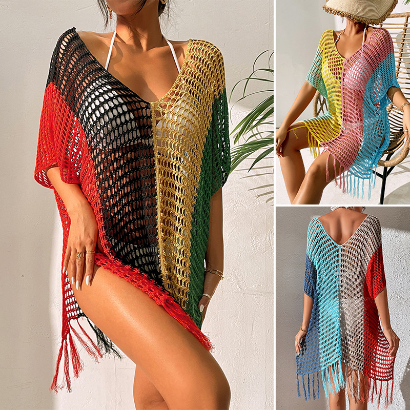 Cross-border New Color-blocking Sexy Loose Pullover V-neck Tassel Hollow Beach Sunscreen Bikini Beach Blouse