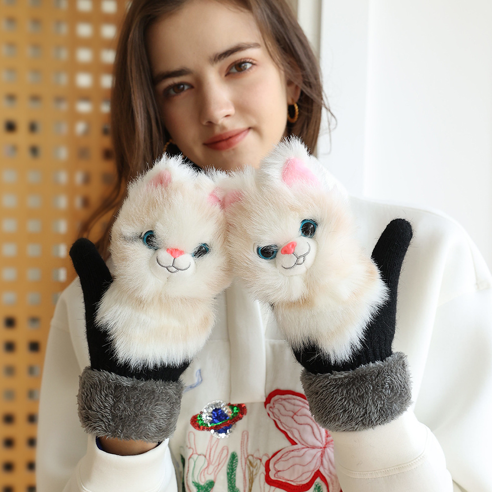 Women's Winter Animal Rabbit Fur Gloves Cartoon Cute Plush Thickened Warm Korean Style Plush Gloves Cross-Border