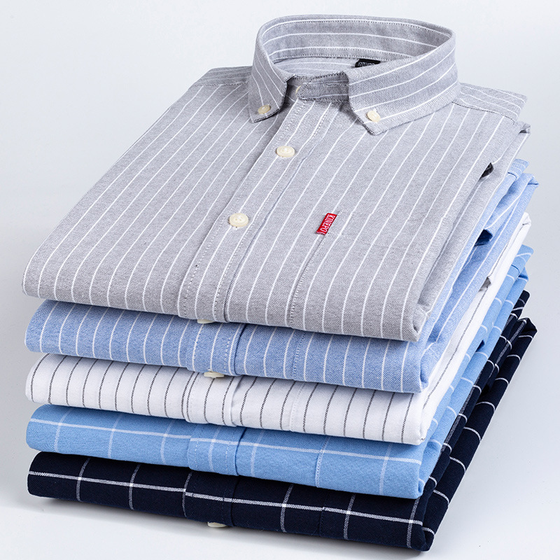 New Style All Cotton Long Sleeve Casual Plaid Pure Cotton Oxford Spinning Shirt Men's Business Stripe Korean Style Slim-fit Non-ironing Shirt