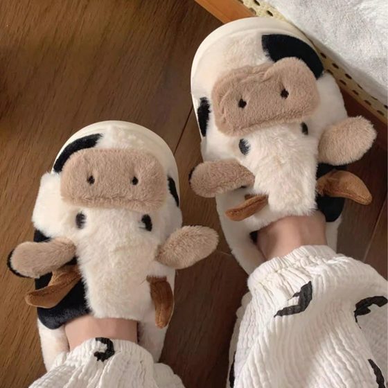 Cow closed toe cotton slippers winter fashion girls winter warm thick bottom non-slip home couple slippers boys and girls shoes
