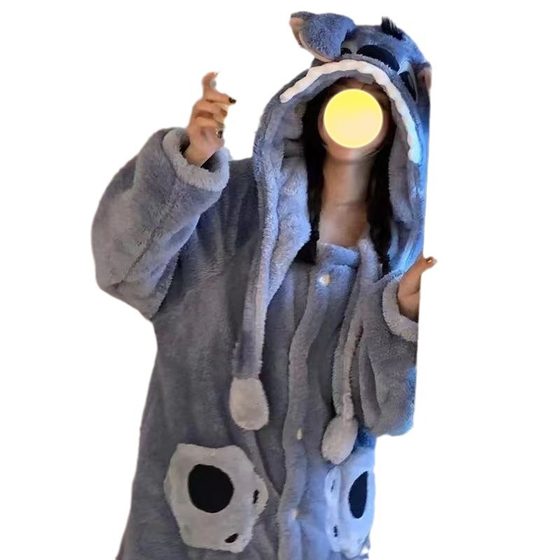 Stitch cartoon couple Net red style pajamas men's and women's autumn and winter coral fleece long nightgown suit men's fleece-lined
