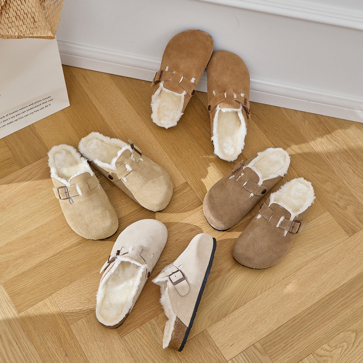 Boken shoes fleece-lined thick genuine leather suede snow shoes 2023autumn and winter New fleece-lined closed toe half slippers cotton shoes