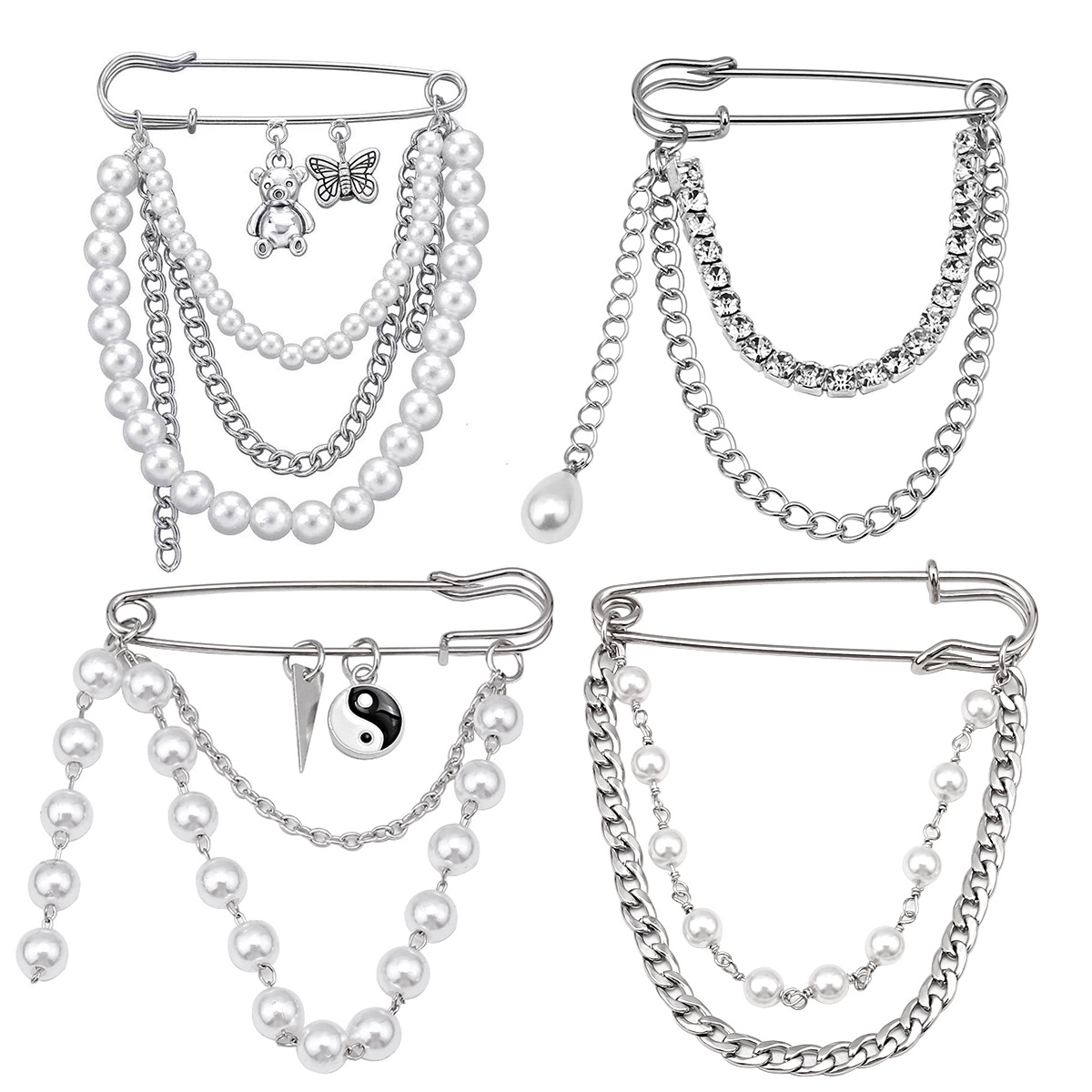 European and American cross-border jewelry new fashion pendant pearl chain brooch fashion multi-element retro pin accessories