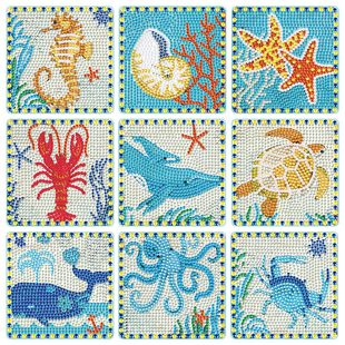 5d Diamond Painting Coaster Underwater World diy Single-sided Diamond Acrylic Square 9-piece Set with Shelf Color Boxed