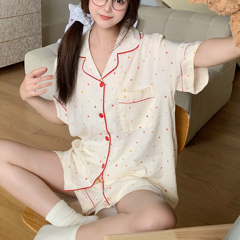 Summer Clouds Cotton Short-sleeved Shorts Pajamas suit Women's Lapel Women's Simple Outwear Home Clothes for Women