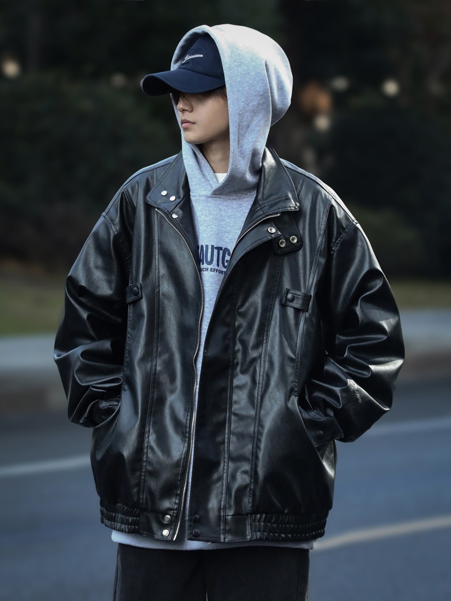 Spring and Autumn American Retro Aviator PU Leather Jacket Men's and Women's Duffy Handsome Fashionable Loose Collar Leather Jacket Top