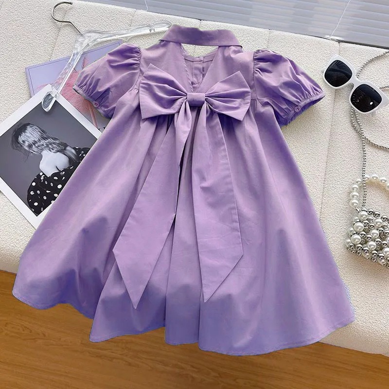 Girls' Dress Puff Sleeve Summer Western Style 2023 New Style Children's Design Sense polo Collar Casual Skirt