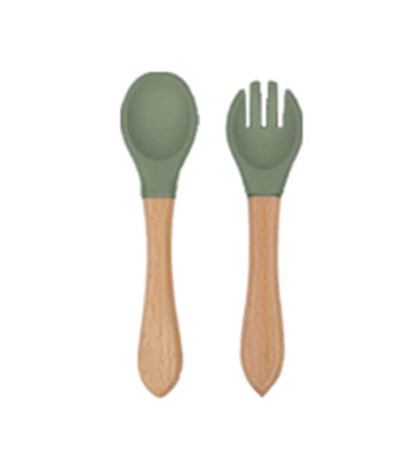 Army Green-silicone fork spoon with wooden handle