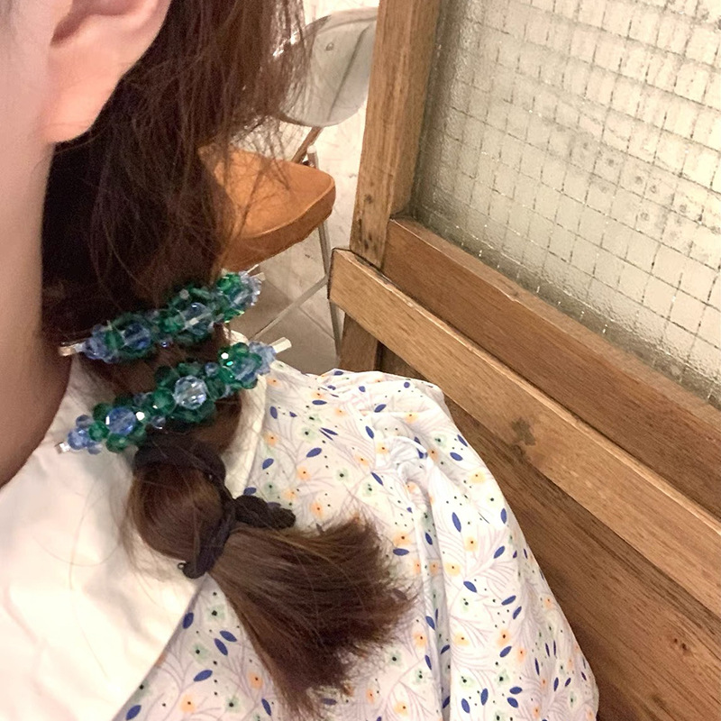 Korean ins Handmade Woven Crystal Flower Beaded Hairpin High-grade One-character Clip Niche Side Clip Hair Accessories 340