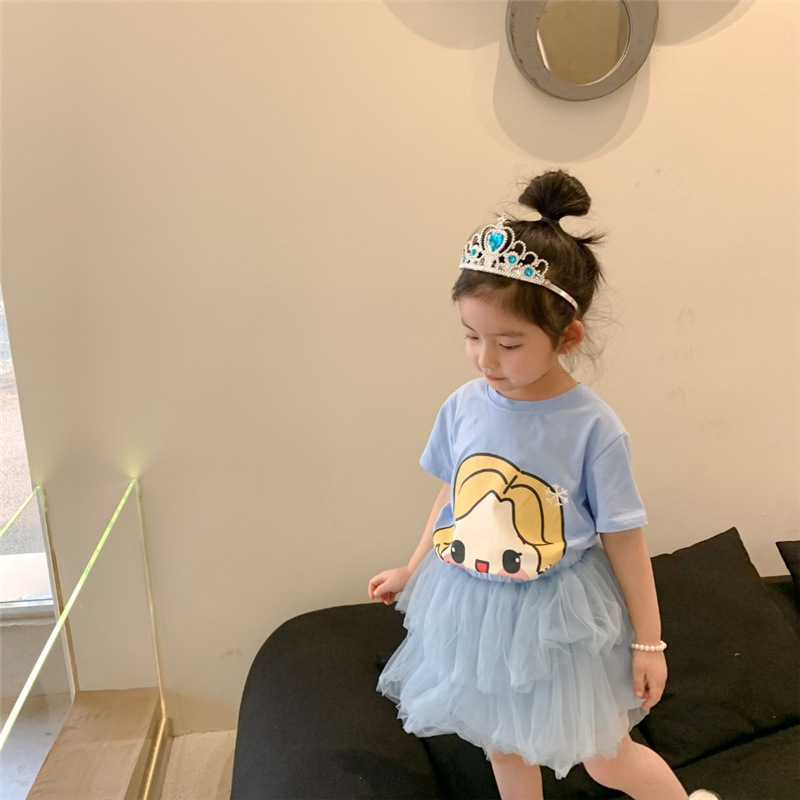 Girls' T-shirt suit Two-piece 2025 Summer Children's Baby Western Style Cartoon Short Sleeve Top Mesh Princess Dress