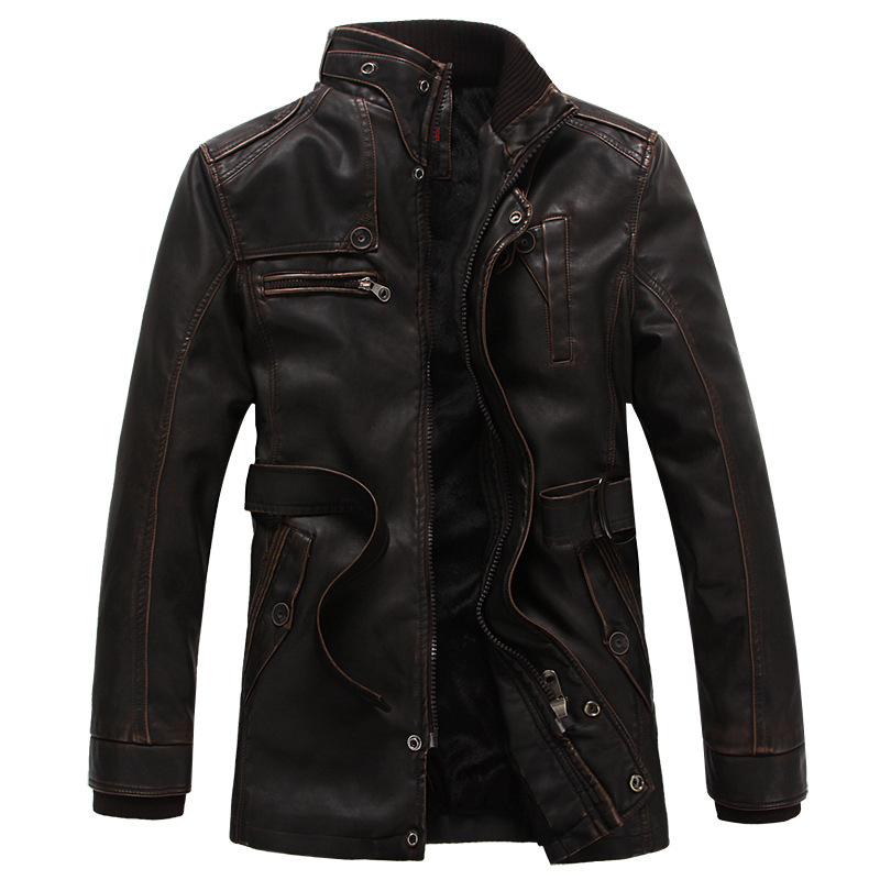 2023 autumn and winter men's mid-length slim-fit retro stand collar leather casual jacket jacket