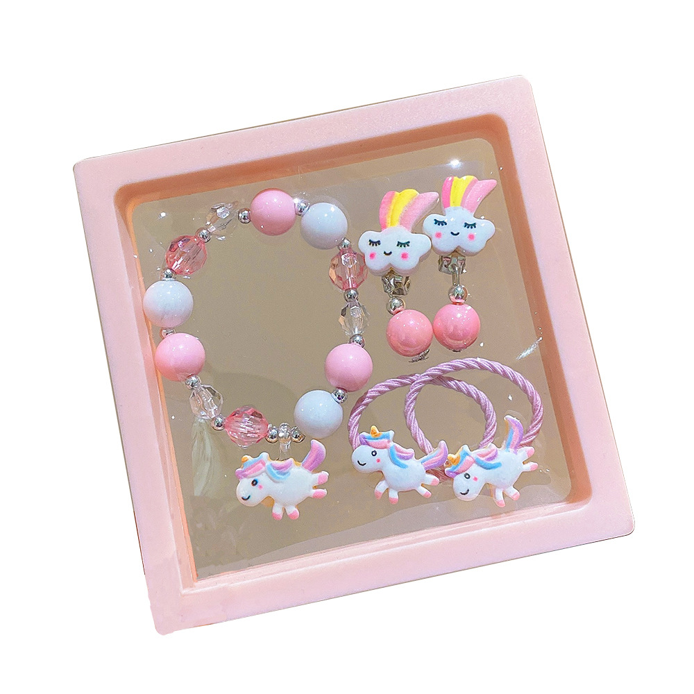 Children's Bracelet Set Unicorn Fish Tail Beaded Jewelry Cute Baby Ear Clip Jewelry Gift Box Cross-border Girls' Matching
