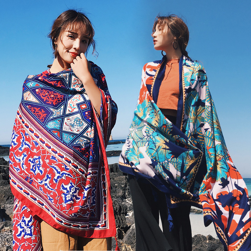 Little Red Book New Ethnic Style Scarf Summer Seaside Travel Sunshade Scarf Sunscreen Cotton Linen Printed Shawl Wholesale