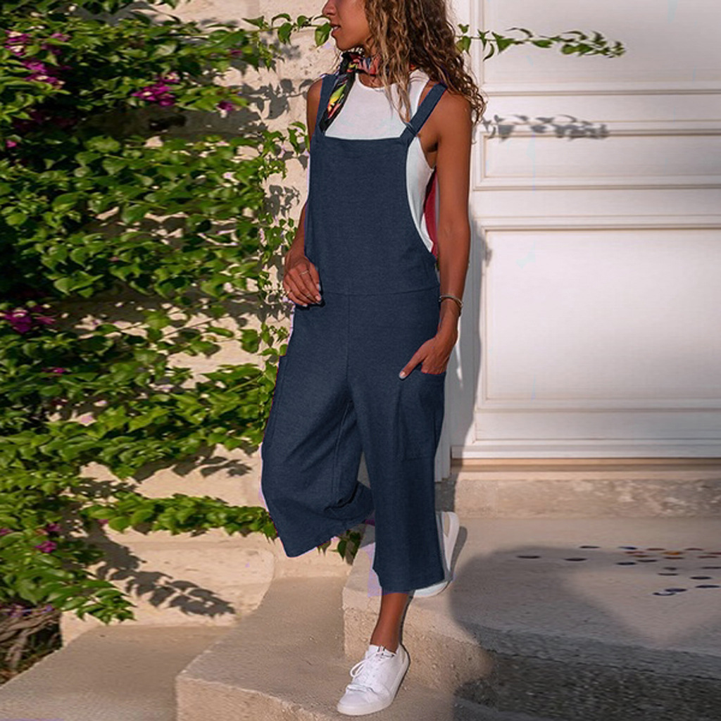 Amazon 2022 Spring and Summer New Color Cotton and Linen Casual Loose Long Wide Leg Jumpsuit Suspenders Women's Pants
