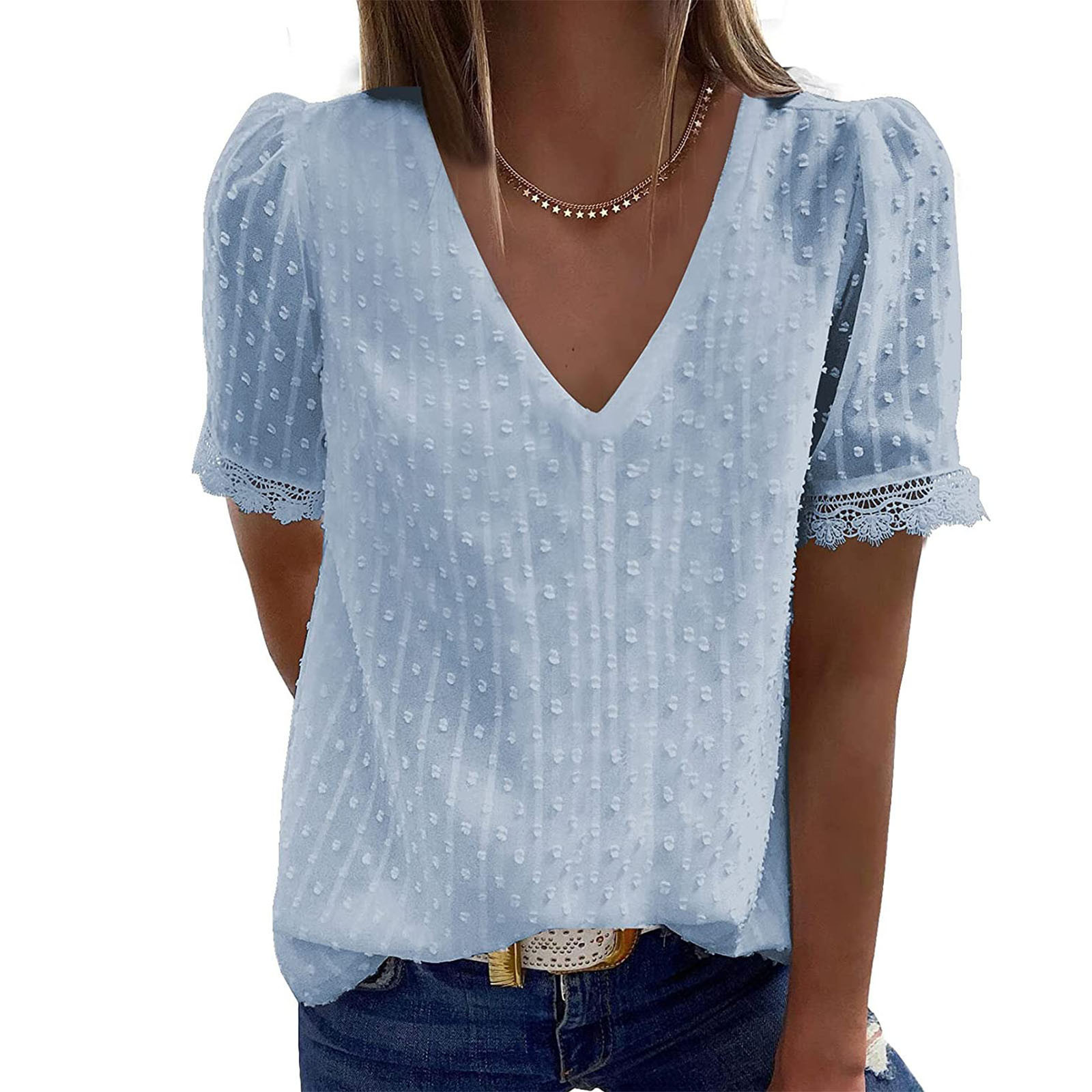 Solid Color Jacquard Lace V-Neck Casual Shirt