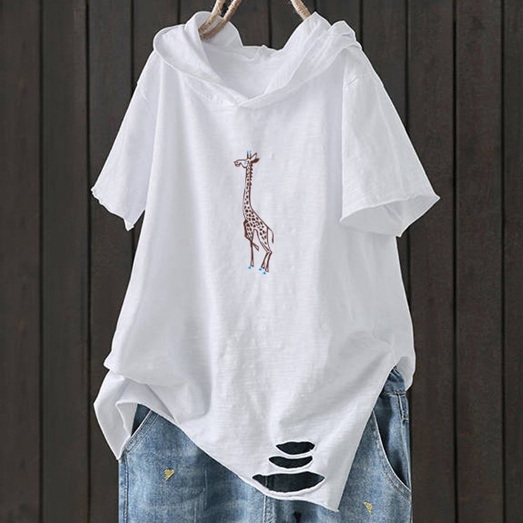 Cross-border  Amazon wish hooded T-shirt for women summer new solid color loose short-sleeved artistic ripped top