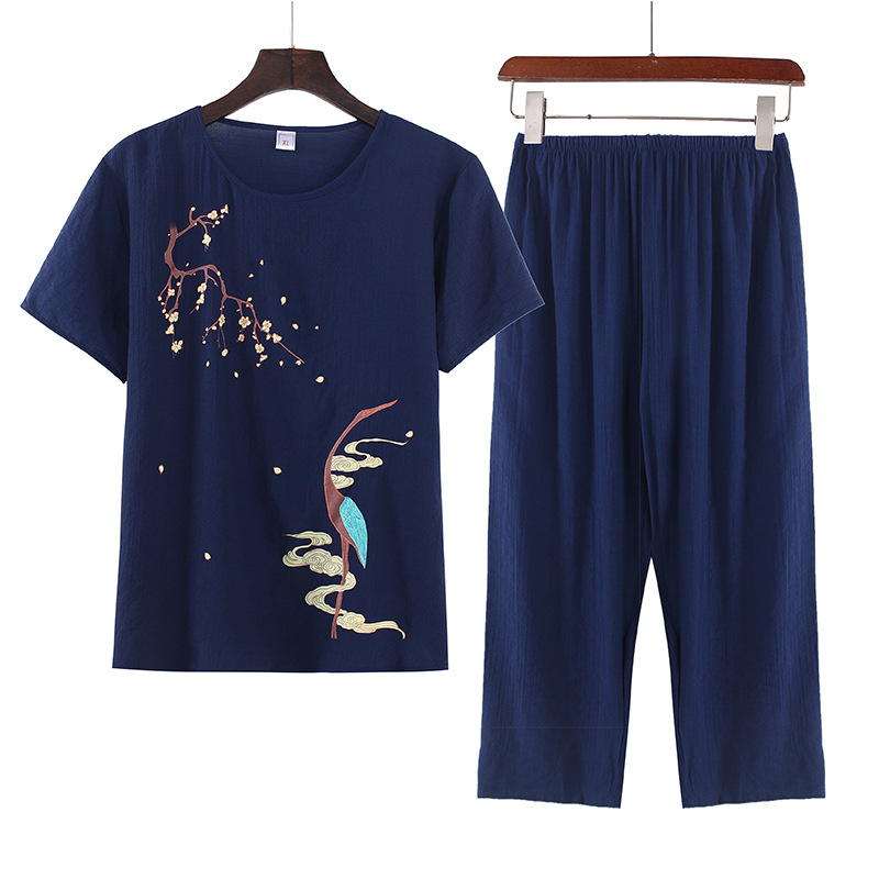 Middle-aged Pajamas Women's Summer Cotton and Linen Short-sleeved Two-piece Summer Simple Breathable Top Pants Outer Wear Home Clothes