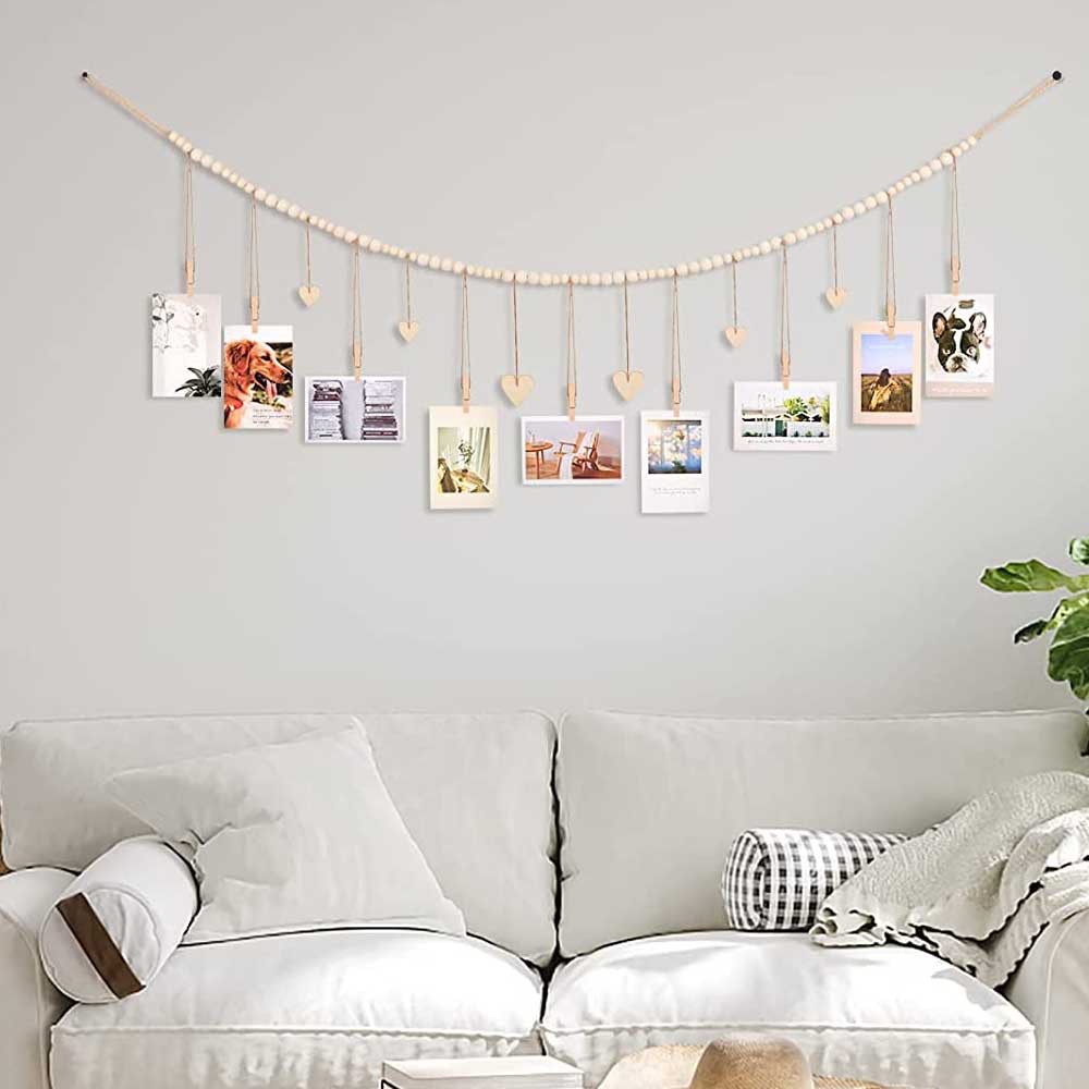 Wooden beads photo storage hanging photo display beads photo storage tassel string string hemp rope bead clip home