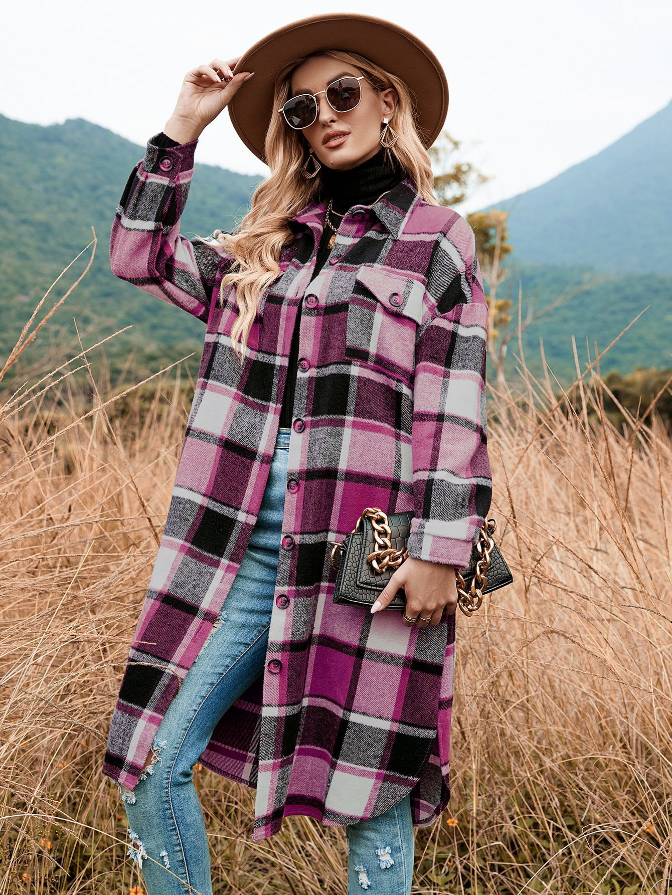 2022 autumn and winter European and American temperament windbreaker coat side slit lapel loose woolen plaid shirt coat in stock_voghion.com