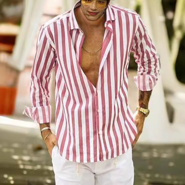 2023 cross-border Europe and the United States new Amazon AliExpress foreign trade long sleeve lapel striped shirt loose shirt men
