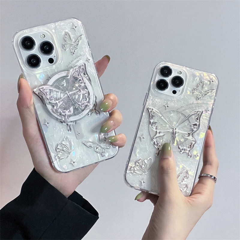 ins適用iphone15plus金屬14promax蝴蝶13手機殼12個性磁吸11支架