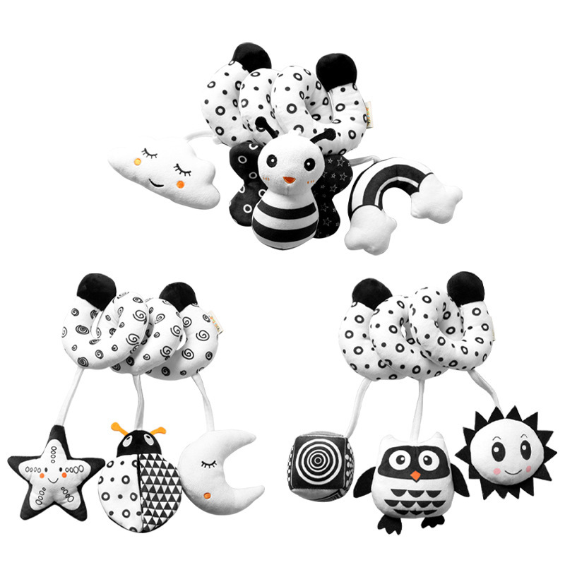 New Arrival Black and White Series Cartoon Animal Baby Bed Winding Toy with Bell Baby Bed Winding Toy