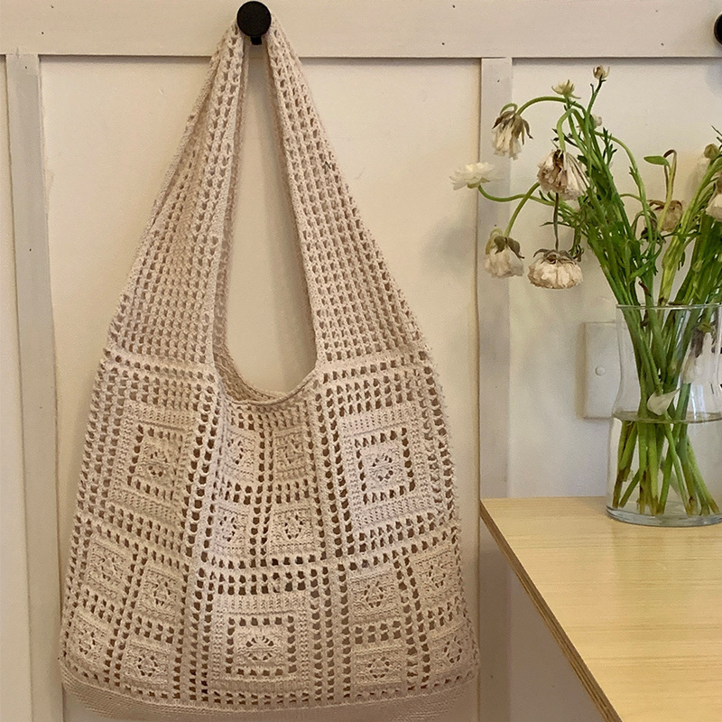 ニットバッグレトロメッシュ透かし彫りシンプル編みカバンレディースショルダーバッグbags毛糸ハンドバッグショッピングバッグ|undefined