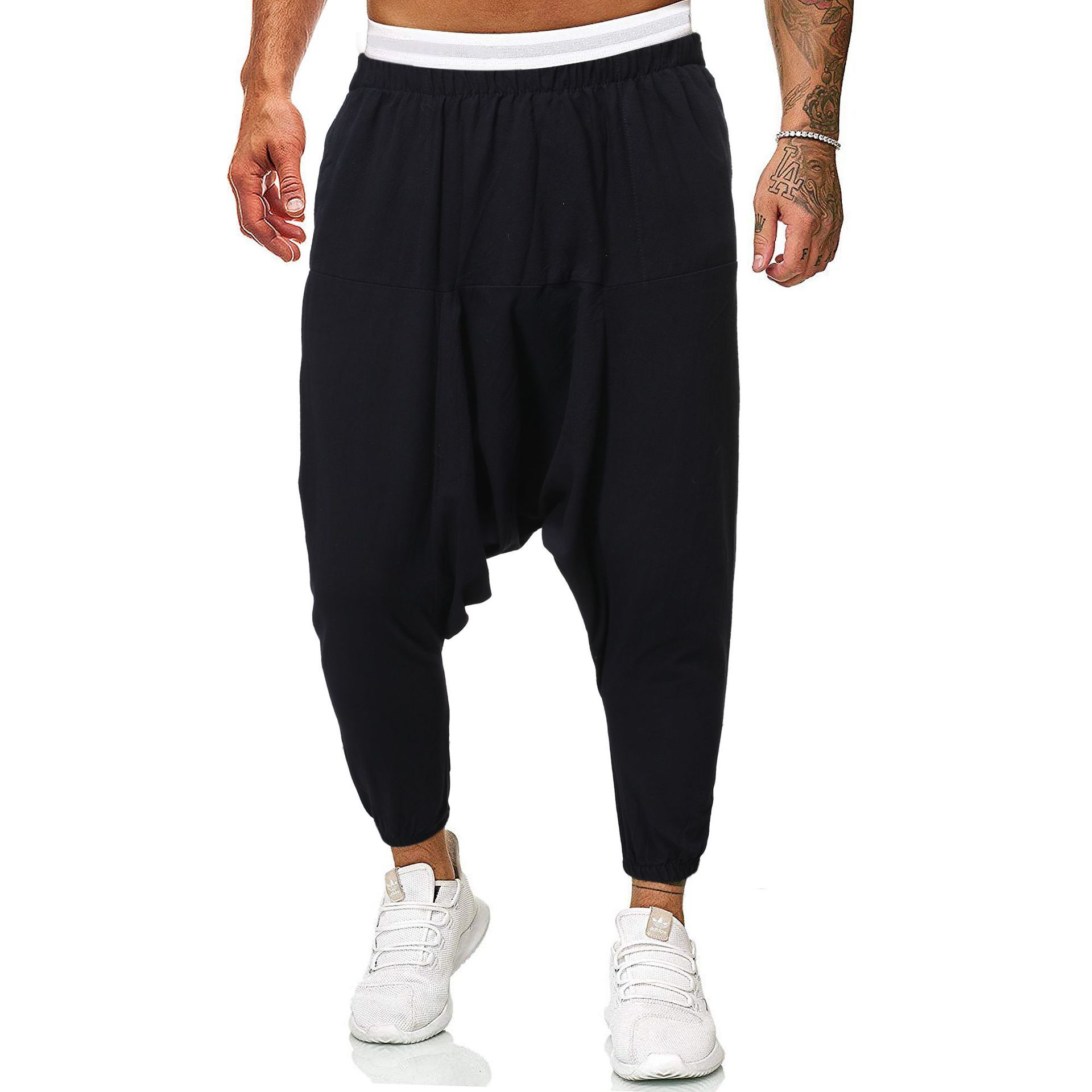 2022 Spring Fashion Cotton and Linen Chinese Style Trendy Men's Casual Loose Cross Pants Youth Large Size Solid Color Trousers for Men