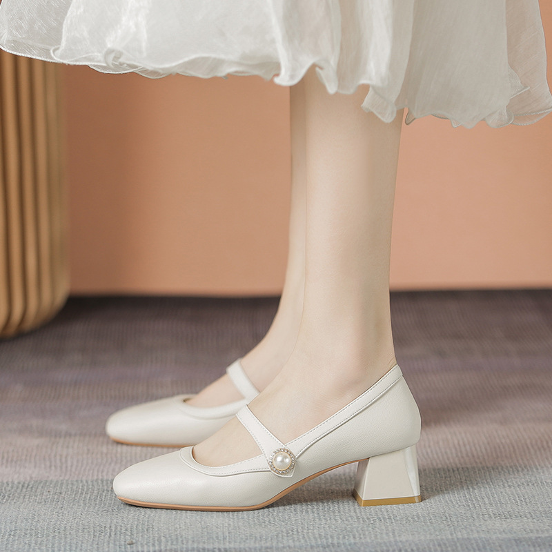 Spring 2024 New Style Square Head Soft Leather Soft Bottom Thick Heel Single-layer Shoes Women's Fashionable Internet Popular Style Women's Shoes with Mary Jane
