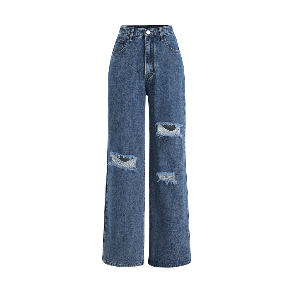 European and American Foreign trade cross-border independent station JEANS WOMEN WOMEN's JEANS blue ripped washed straight trousers WOMEN