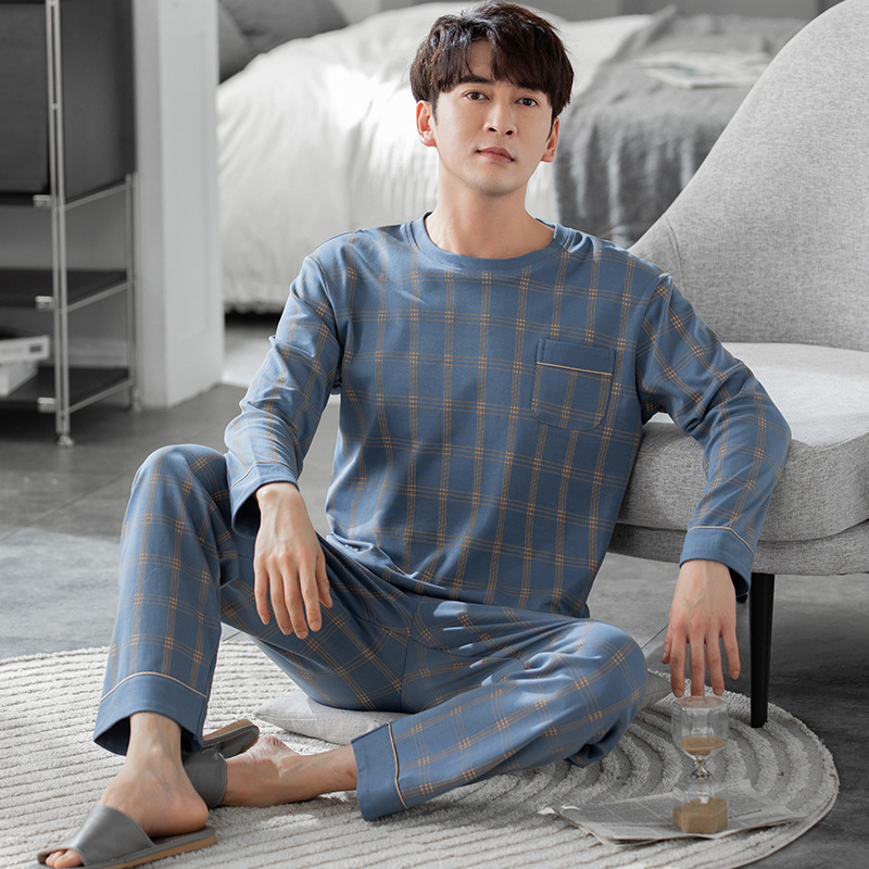 Pajamas Men's Spring and Autumn Long Sleeve Trousers Simple Home Wear Thin Cotton Men's Large Size Autumn and Winter Casual Suit