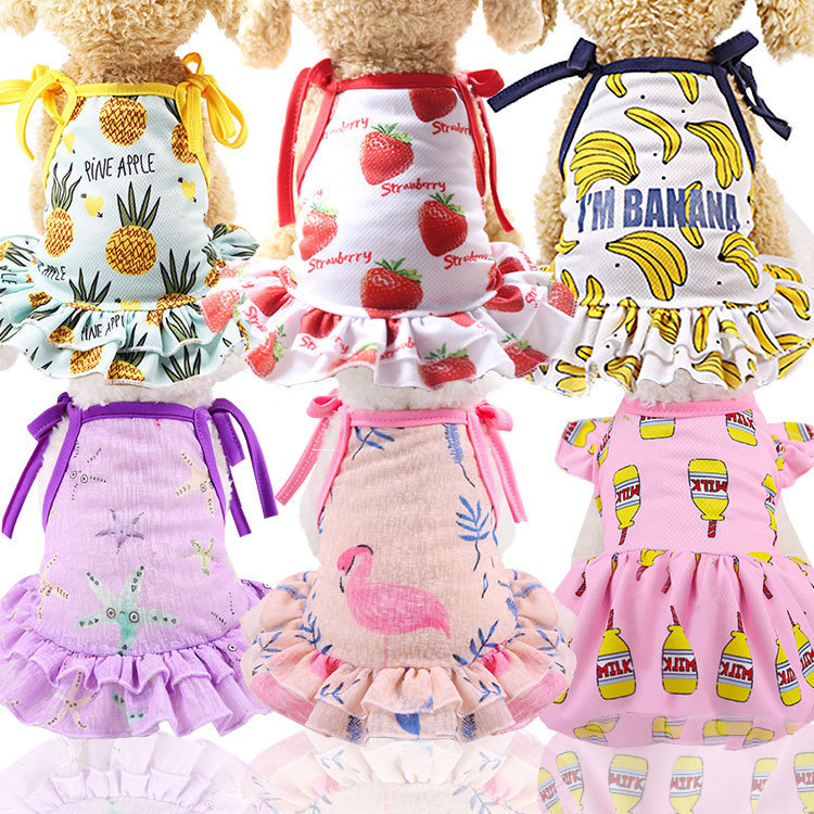 Pet Fruit Strawberry Banana Print VIP Teddy Puppy Cat Clothes Skirt T-shirt Vest Couple Clothes