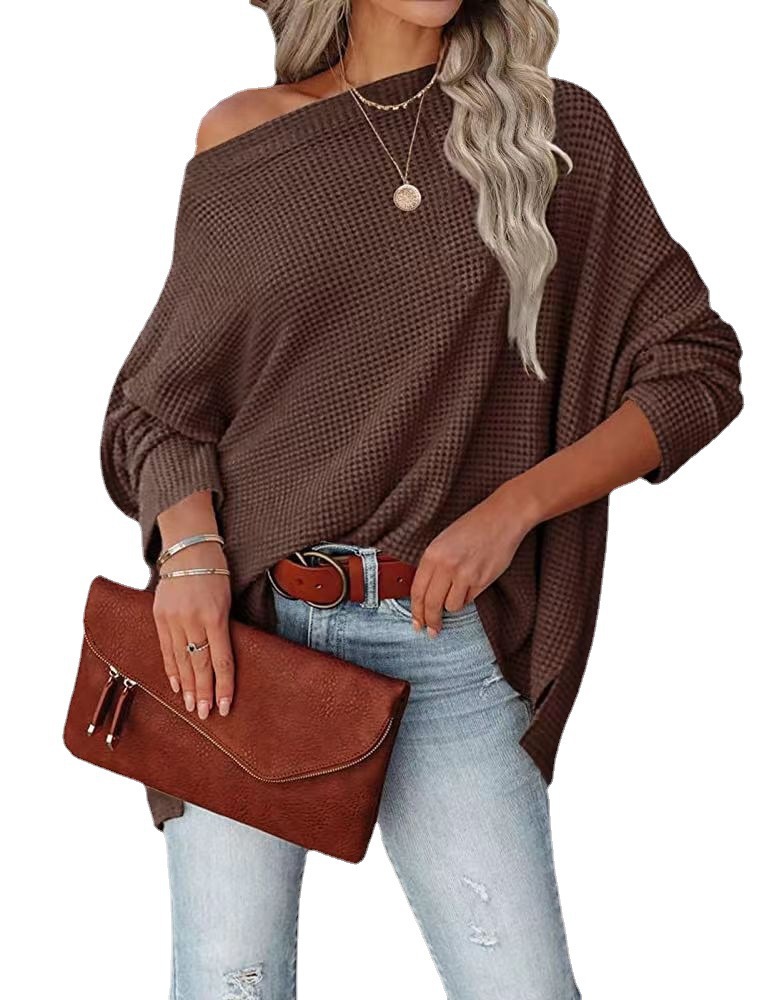 Women's knitted top waffle slanted shoulder 2023 new autumn Amazon Europe and America cross-border women's regular top