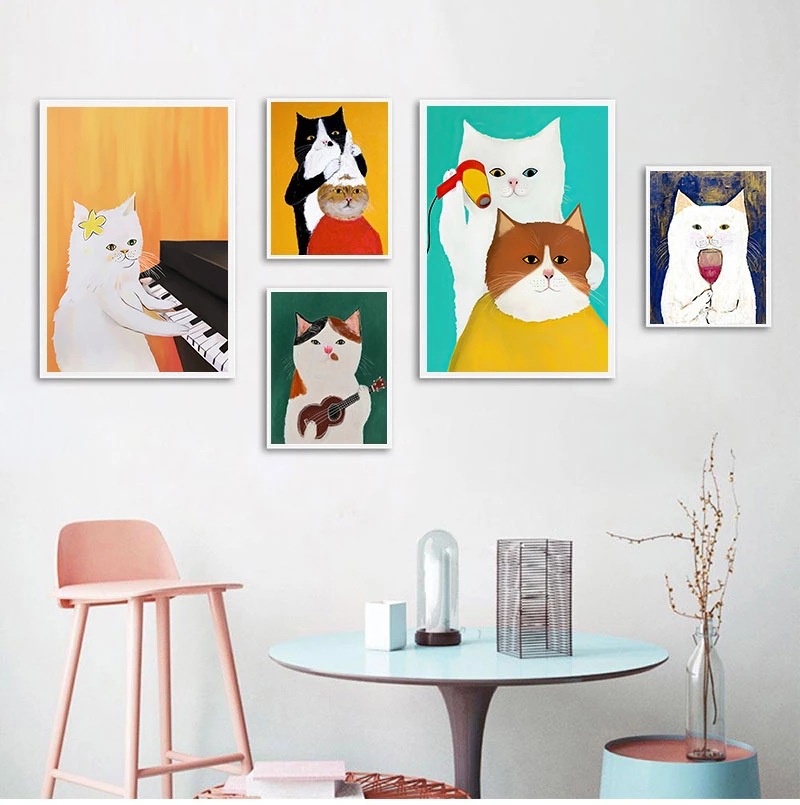 Cartoon cat poster painting canvas oil painting art picture living room children bedroom nursery home decoration painting core