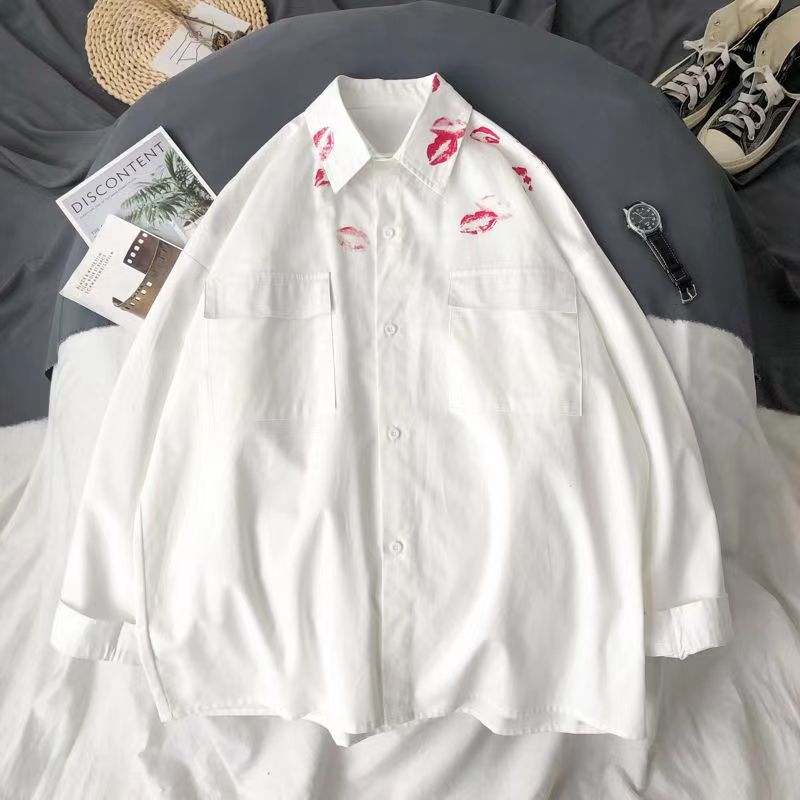 Lip print white long-sleeved shirt men's and women's summer thin niche design high-grade lazy trendy loose shirt