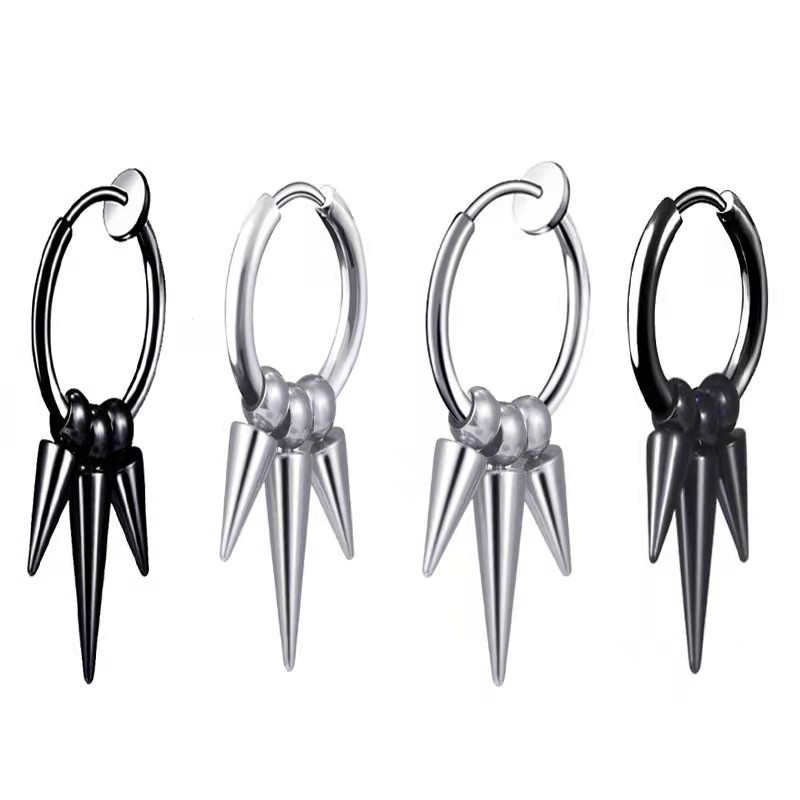 Non-pierced earrings stainless steel tassel earrings titanium steel 3 pointed cone single pointed earrings male piercing earrings