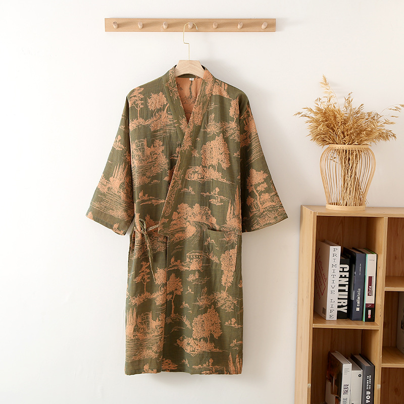 Pajamas men's nightgown cotton gauze men's bathrobe coat spring and summer autumn kimono cotton long nightdress