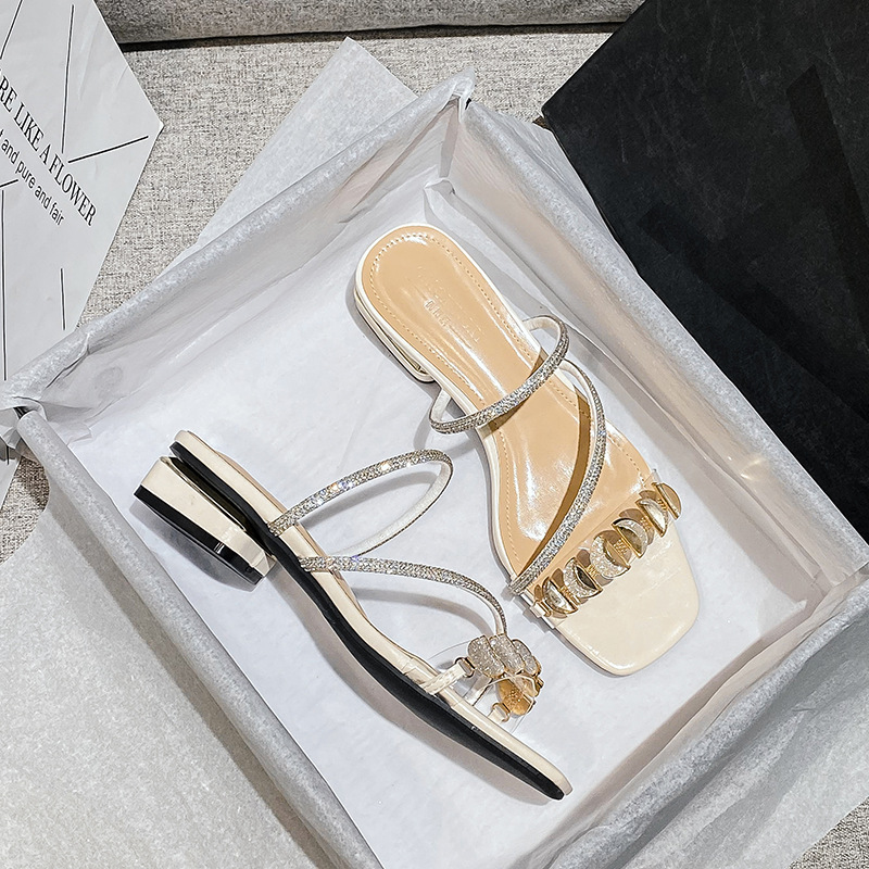 One-strap chunky heel sandals for women Summer ins trendy 2024 New Internet celebrity rhinestone mid heel plus size slippers for women 41-43