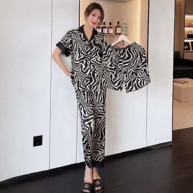 Ice Silk Couple Pajamas Suit Summer Silk Short-sleeved Shorts Trousers Three-piece Suit High-grade Horse Pattern Outer Wear Home Clothes