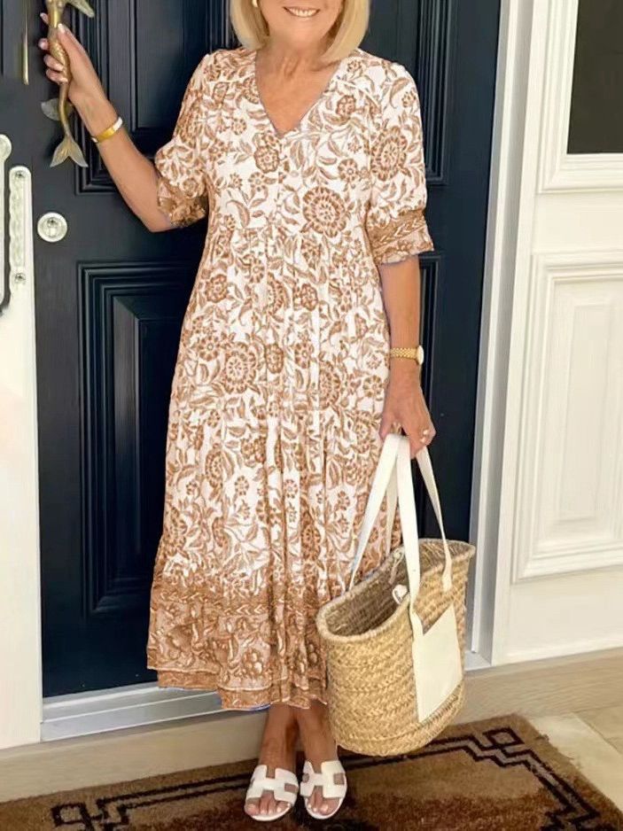 Summer 2023 Amazon Foreign Trade Elegant Commuter V-Neck Short-Sleeved Floral Tie-Dye Printed Loose Long Dress
