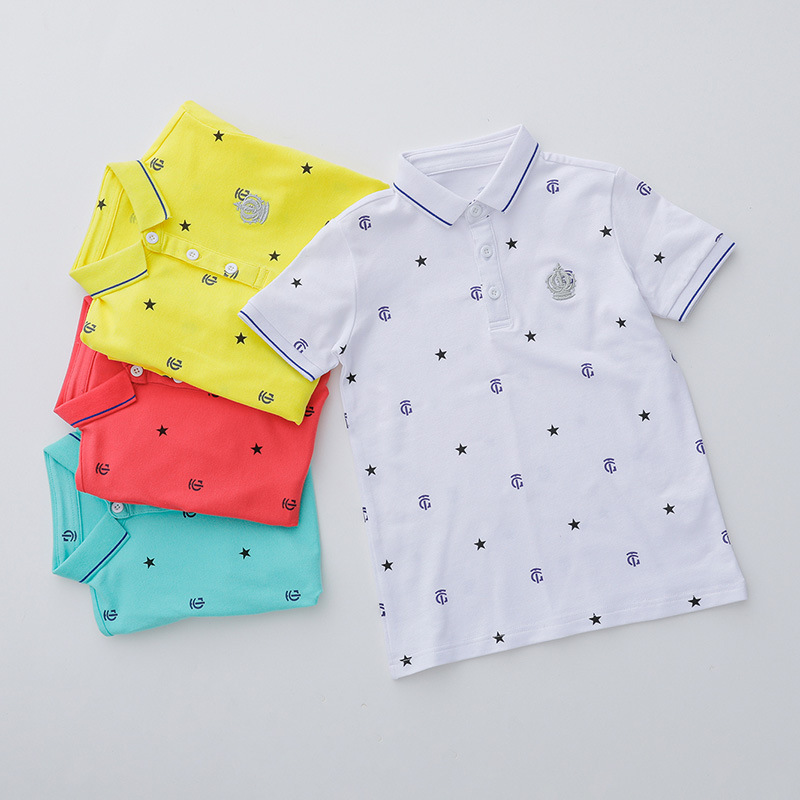 2022 New Summer Korean Style Children's polo Solid Color Full Printed Reverse Collar Men's Medium and Large Children's Printed Short Sleeve Top T-shirt