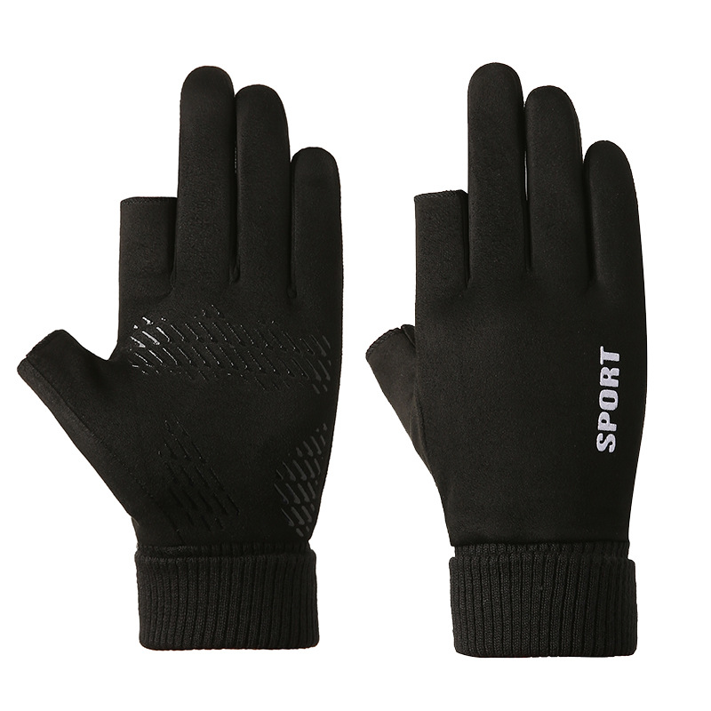 Gloves Men's Winter Cold-proof Windproof Warm Fleece-lined Touch Screen Outdoor Riding Driving Motorcycle Take-out Half Finger Leakage
