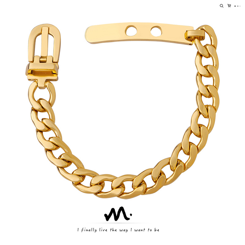歐美bracelet粗鏈條按壓扣錶帶扣手鍊鈦鋼鍍18k金氣質手飾品 E199