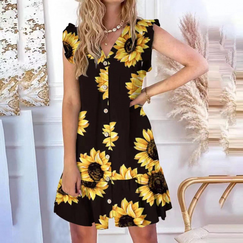 European and American Foreign Trade 2023 Summer New Amazon V-neck Button Flying Sleeve V-neck Loose Printed Dress