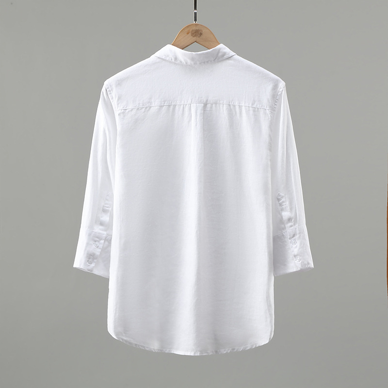 926 Pure Linen White Men's Shirt Three-quarter Sleeve Linen Material Loose Thin Breathable Solid Color Shirt Men's Middle Sleeve